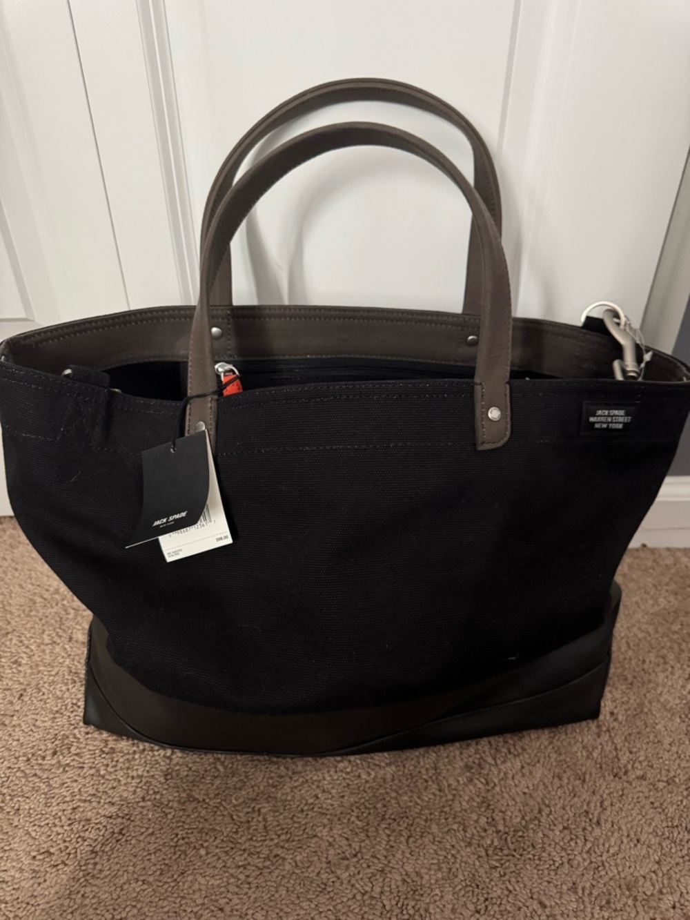 Jack Spade Black Canvas Messenger Tote with Brown Leather Handles - Picture 5 of 7